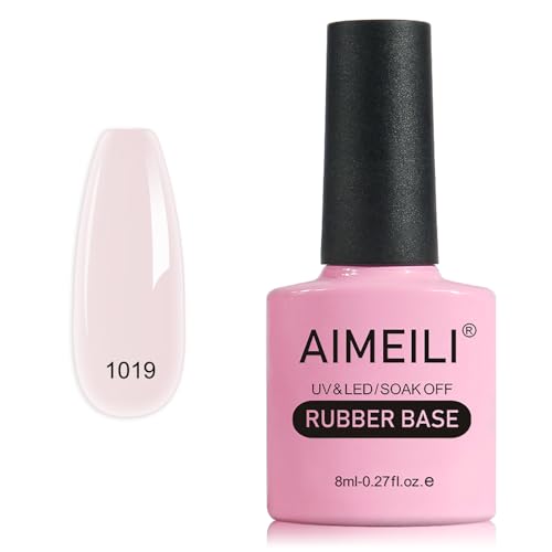 AIMEILI Base Rubber Gel, Cura UV/LED Autonivelante para Uñas Reforzador de Uñas Flexible con Brillo Pegamento para Rhinestones Gelatina Gel Base y Builder 5 en 1, 1019