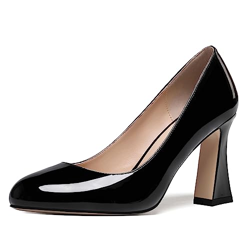 SKYSTERRY Womens Patent Slip On Round Toe Office Casual Spool High Heel Pumps Shoes 3.3 Inch