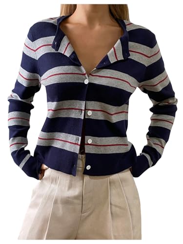 RoseSeek Women's Preppy Striped Cardigans Crew Neck Button Down Sweaters Knit Tops Fall Tops Grey Small