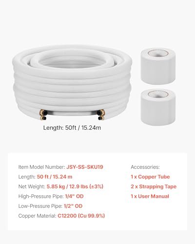Image of VEVOR 50ft Mini Split Line Set, 1 /4 inch & 1 /2 inch OD AC Copper Tubing Pipe, 3 /8 White PE Thickened Insulated Coil with Flared Nuts, Strapping Tapes, for Mini Split Air Conditioner HVAC or Heat Pump System