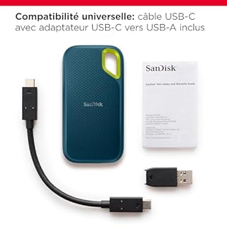 SanDisk Extreme Disque SSD Externe 1 To (Portable NVMe SSD, jusqu'à 1050 Mo/s en lecture, 1000 Mo/s en écriture, USB-C, Résistance à la poussière et à l'eau classée IP65, Mousqueton pratique)Monterey