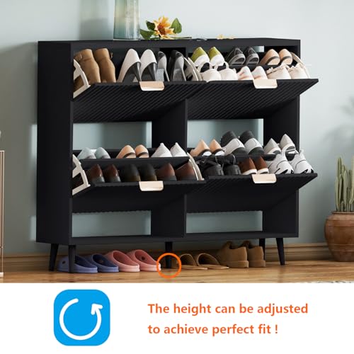Image of Shoe Cabinet Storage,Modern Freestanding Organizer with 4 Flip Drawers,Narrow Shoe Rack Cabinet for Entryway,Black