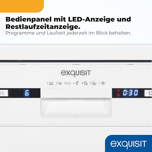 Exquisit Geschirrspüler | 9 Maßgedecke, Energieeffizienzklasse E, 49 dB(A) | schmal, kompakt, 7 Programme, Eco, Intensiv, Kurz, Extra-Trocknung, Startzeitverzögerung | GSP9309-030E weiss