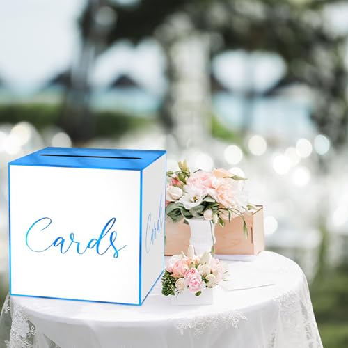 Image of White Card Box for Party, 8.7 inch Blue Foil Gift Cards Receiving Box Holder for Wedding, Bridal Shower, Graduation, Birthday, Retirement, Baby Shower, Anniversaries Party Decorations