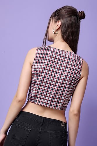 Image of POPWINGS Casual Check Printed V-Neck Sleeveless Button Closure Waistcoat Crop Top for Women || Stylish Western Woman Crop Top for Summer || Sleeveless V-Neck Crop Tops for Women