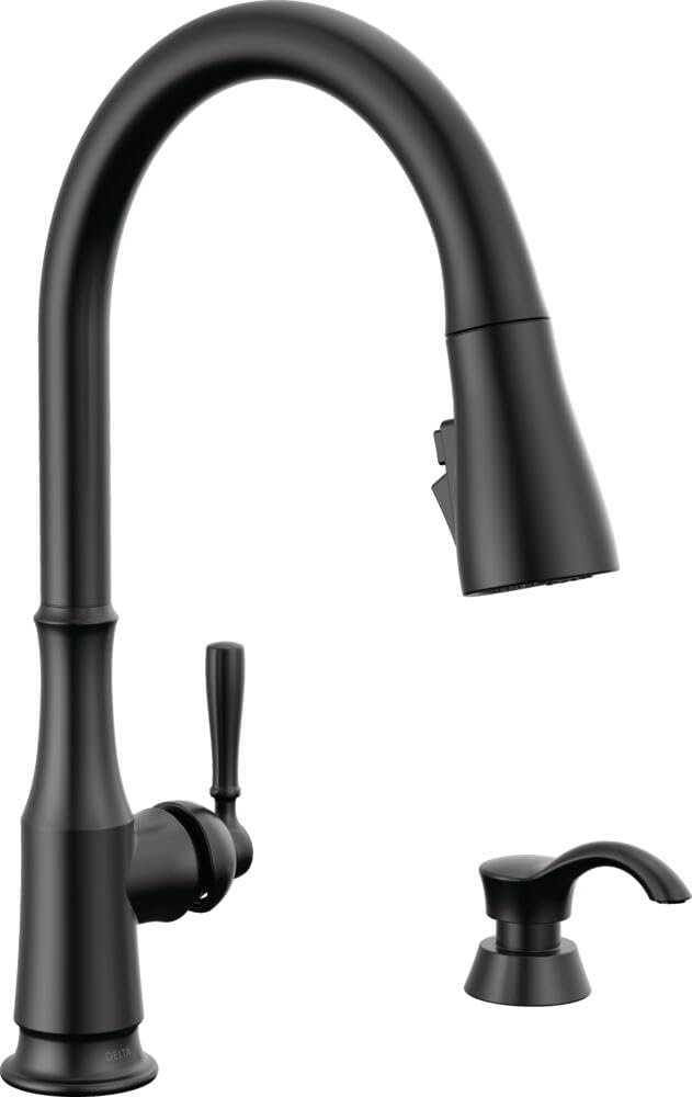 Delta Capertee Matte Black Kitchen Faucet with Pull Down Sprayer and Soap Dispenser, Modern Single Hole Kitchen Sink Faucet, Single Handle, Matte Black 19877Z-BLSD-DST