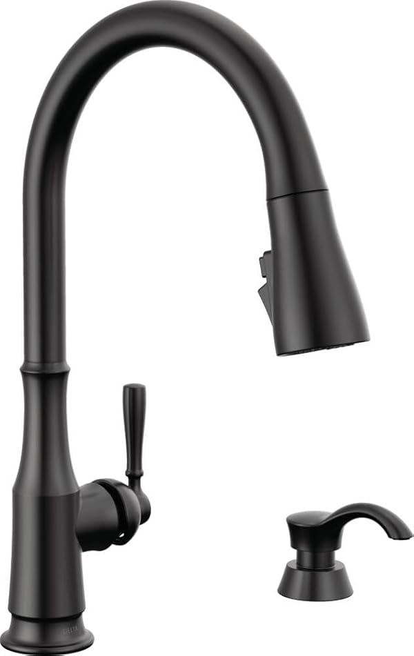Delta Capertee Matte Black Kitchen Faucet with Pull Down Sprayer and Soap Dispenser, Modern Single Hole Kitchen Sink Faucet, Single Handle, Matte Black 19877Z-BLSD-DST by DELTA - Used condition - US$124.44
