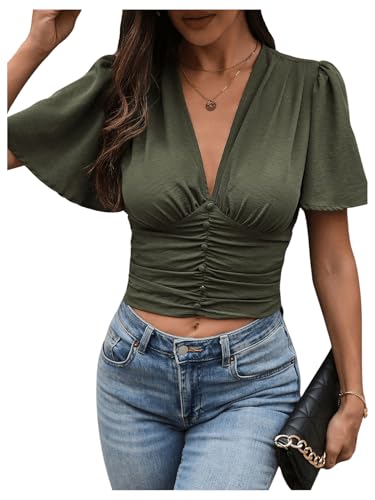 SHENHE Women's Sexy Ruffle Flutter Short Sleeve Deep V Smocked Button Front Dressy Crop Top Blouse4