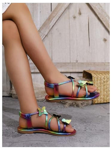 GORGLITTER Girl's Cute Sandals Rainbow Strappy Criss Cross Butterfly Appliques Ankle Strap Dress Slides Shoes3