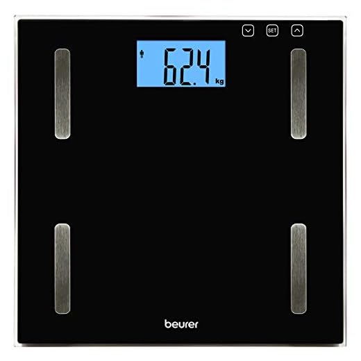 Beurer BF179 - Báscula digital diagnóstica con calculo IMC, de vidrio, pantalla LCD XXL, gran plataforma, 35 x 32.5 x 4.5 cm, 1.5 kg, color negro