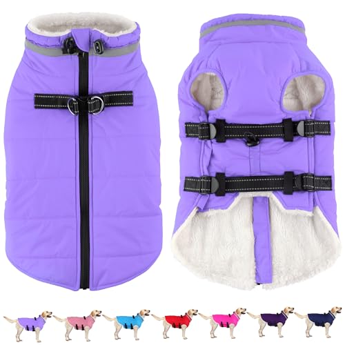 Image of Dogcheer Dog Coat with Harness, Waterproof Dog Jacket Adjustable Winter Coat with Zipper, Christmas Puppy Snow Jacket Fleece Sweater for Small Medium Large Dogs - Taro Purple L