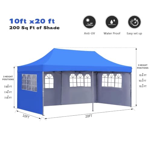 Image of 10x20ft / 3x6m Pop up Outdoor Canopy Tent | Portable Shade Instant Folding Gazebo Tent | Heavy Duty Gazebo Canopy Shelter 2 Mins Installation | 40Kgs (Classic Blue with with 3 Window Side Walls)