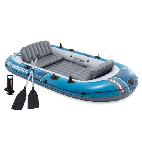 INTEX 66325EP Excursion 5 Inflatable Boat Set: Includes Deluxe 54in Aluminum Oars and High-Output-Pump – Adjustable Seats with Backrest – Fishing Rod Holders – 5-Person – 1320lb Weight Capacity