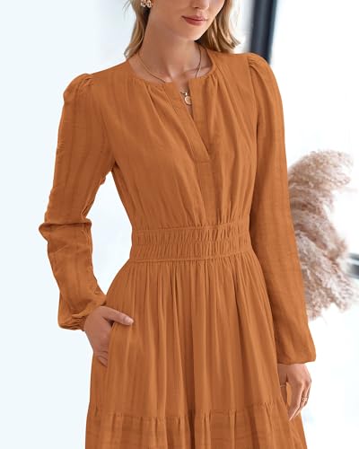 BTFBM Fall Dresses for Women 2025 Casual Long Sleeve V Neck Elastic Waist Lightweight Maxi Wedding Guest Dress Pockets