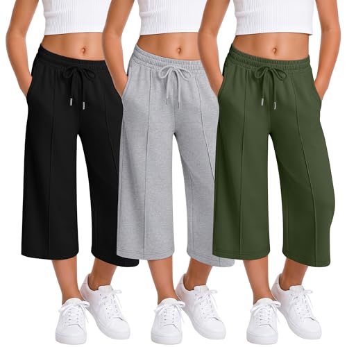 LessonZoo 3 Pack Girls Capri Pants Wide Leg Elastic Waist Drawstring Capris with Side Pockets Casual Trousers 5-14 Years(Army Green, Light Heather Gray, Black,5-6 Years)