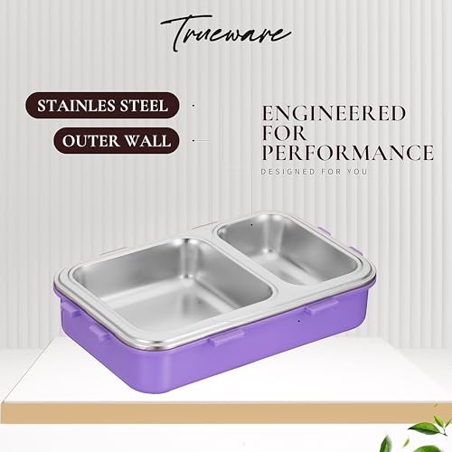 Image of Trueware Pluto Lunch Box 2 Compartment Leak-Proof BPA Free Stainless Steel, Lunch Box for Kids, Lunch Box for School & Office with a Spoon, 580 ML (LBK-Pluto-Purple BAZ)