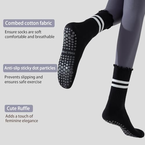 3 Pairs Pilates Socks With Grips for Women Non Slip Grip Ruffle Yoga Grippy Socks2