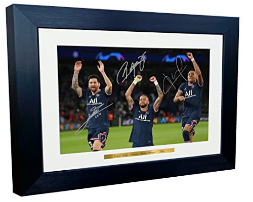 2022/23 Lionel Messi Neymar Junior Kylian Mbappe Paris Saint-Germain PSG Autographed Signed 12x8 A4 Photo Photograph Picture Frame Football Soccer Poster Gift for Living Room