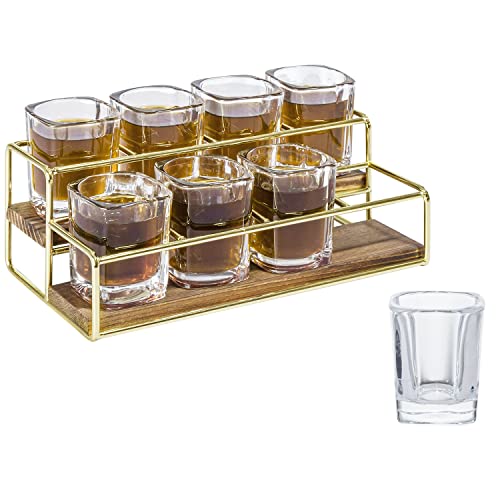 Mygift Shot Serving Tray, 2-Tier Brass Tone Metal And Burnt Wood Party Shots Server Tray With 8 Shot Glasses #TOP9