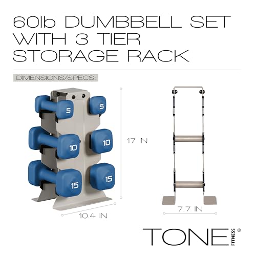 Image of Tone Fitness Neoprene Dumbbell Set with Storage Rack - Non-Slip, Anti-Roll Hand Weights for Home Gym Workouts | 20 lb, 32 lb, 50 lb, 60 lb & 100 lb Options