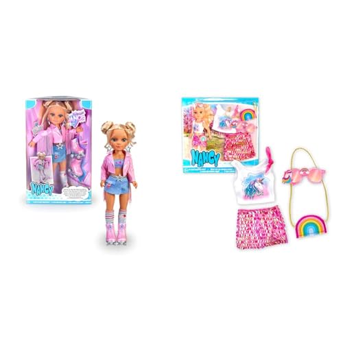 Nancy - Un día de Baile en Patines, muñeca Patinadora, con Accesorios y complementos Cool, Peinado & Un día con Look Unicornio, Set de ropita para muñecas Fashion con complementos y Ropa