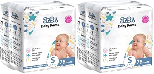 Image of Jr. Sr. Baby Diaper Pants | Small (S) Size (4-8 kg), 156 Count | Pack of 4 | Upto 12 hr Absorption with Advanced Leak Protection | Safe For Babies Skin | Soft, Secure & Comfy