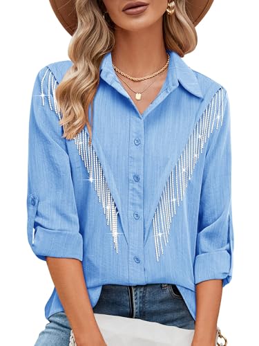 MYMORE Womens Rhinestone Fringe Button Down Shirt Rolled 3/4 Sleeve Sparkly Top Concert Nashville Western Cowgirl Outfit