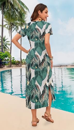 Image of MISFAY Womens Maxi Dress Short Sleeve V Neck Loose with Pockets | Soft stretchy breathable, v neck loose fit, side split hem, two side pockets, casual daily beach vacation travel dress