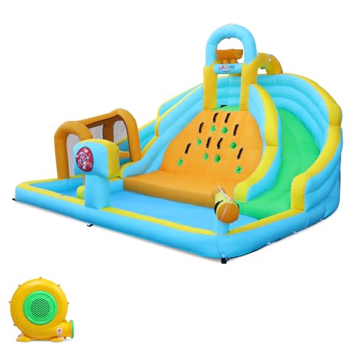HOBBYZOO Château Gonflable avec Souffleur, Aire de Jeux Gonflable avec Double Toboggan, Aire de Saut, Grand Mur d'escalade, Pistolet à Eau, Cible, pour 3 Enfants de 3 à 10 Ans, 395 x 350 x 260 cm