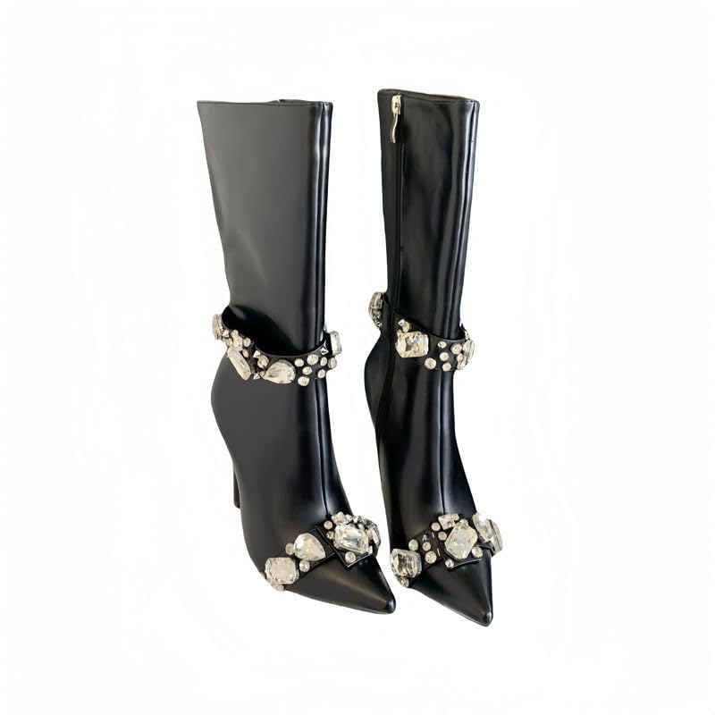 VERISSON Womens Closed Pointy Toe Zip up Stiletto High Heel Calf Boots Rhinestone Beaded Fashion Booties for Party