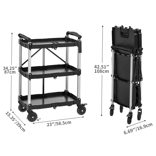 Image of YITAHOME 3-Tier Folding Utility Cart with Wheels (2 Brakes), 350lbs | Foldable Service Cart Collapsible Rolling Cart w / 360 Swivel Wheels, Portable Tool Cart for Home Garage Restaurant Office
