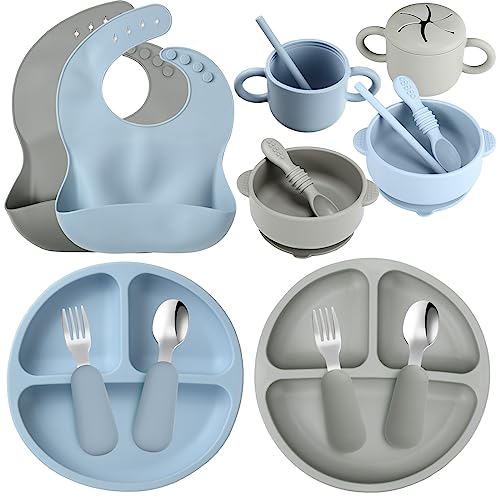 Image of 16 Pcs Baby Led Weaning Supplies Silicone Baby Feeding Set Baby Plates with Suction Baby Utensils with Divided Adjustable Bib Bowl Cutlery Snack Cup Spoons Straw 6 Months+ (Blue, Smoky Gray)