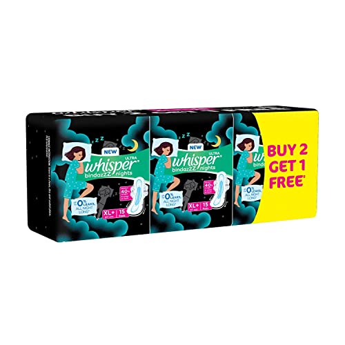 WHISPER BINDAZZZ NIGHTS SANITARY PADS, 45 XL+ PADS, UPTO 0% LEAKS ALL NIGHT LONG, FOR HEAVY FLOW, 40% LONGER & WIDER BACK, COMFORTABLE CUSHIONY... - Image 3