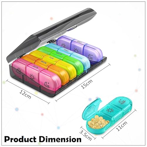 Image of Weekly Medicine Organizer Box 03 Times a Day, Daily Tablets Container Case Travel Pill Box For 07 days | Black & Multicolor | 01 Pcs