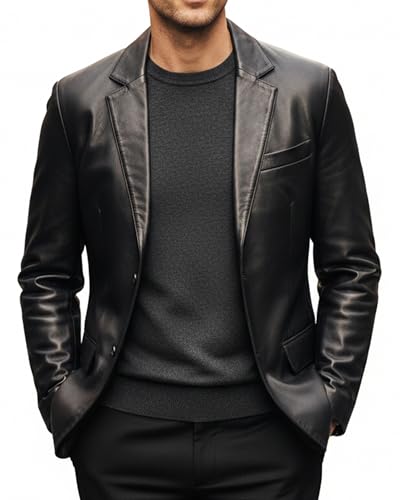 UrbanFocal Leather Jacket Men - Real Lambskin Mens Leather Sport Coat Black | [101004603] 2 Button Black, M