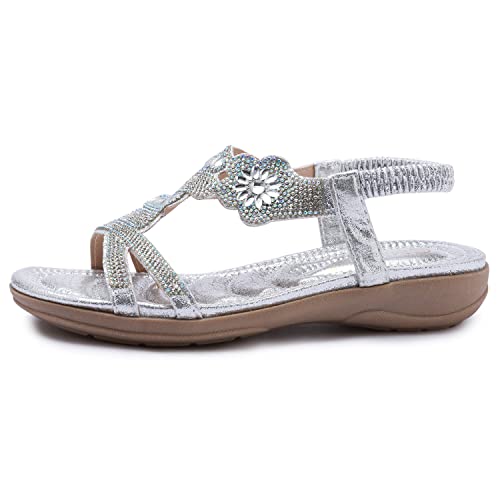 Odema Womens Glitter Flat Sandals Rhinestone Open Toe Slip-On Dress Shoes #TOP3