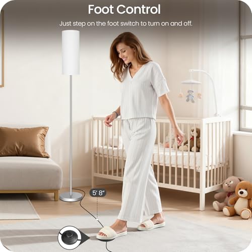 Image of Dimmable Floor Lamps for Living Room with Remote and Foot Switch, 64.4 inch Modern Standing Tall Lamp, Corner Lamp for Bedroom, Office, Bulb Included, 3000K-6500K, White and Silver, FCC Listed SCW06LD05W1