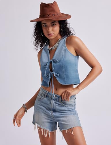 Womens Denim Vest Crop Sleeveless V Neck Denim Top Retro Tie Up Front Jean Vest2
