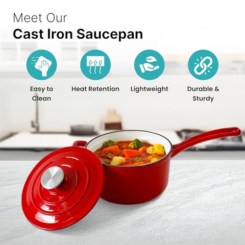 Image of The Better Home Rustic Series Grill Pan Cast Iron | Enamel Coated Cast-Iron Non Stick Pan with Silicon Sleeve | Gas & Induction Cookware with Long Ergonomic Handle | Saucepan with Lid (Red)