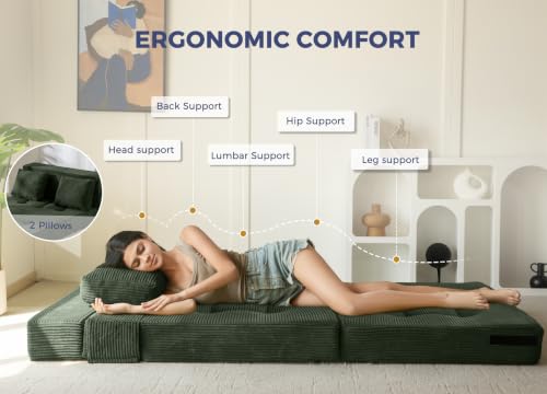 Image of MAXYOYO Convertible Sofa Bed, Fold Out Sofa Couch with Pillow for Adults | Loveseat Sofa 4 in 1 Tufted Folding Couch Bed Foam Floor Couch, Lazy Chair for Living Room Bedroom Guest Room, Dark Green