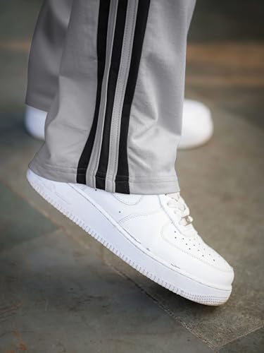 Image of Men's Track Pants with White Side Stripes | 4-Way Lycra Twill Polyester Straight Relaxed Fit Joggers | Mid-Rise Flexi Waist Lounge Bottoms