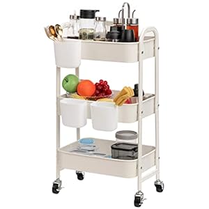 DOEWORKS Chariot de Rangement en Métal Chariot de Cuisine en à 3 Niveaux, Chariot Roulant avec 3 Tasses Étagère de Rangement pour Cuisine Salle de Bain Chambre Bureau, Blanc