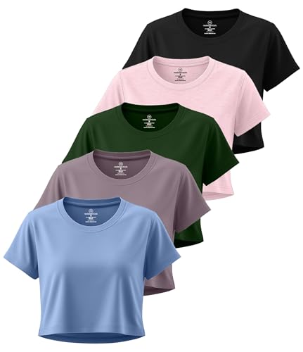 Image of Real Essentials 5 Pack: Women's Dry Fit Crop Top - Short Sleeve Crew Neck Stretch Athletic Tee (Available in Plus Size)