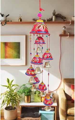 Image of Bindian Rajasthani Handcrafted 8-Bell Hanging Windchimes | Traditional Plastic Latkan for Home Decor, Vastu & Positive Energy | Elegant Wall Hanging for Balcony, Living Room (Red-2)