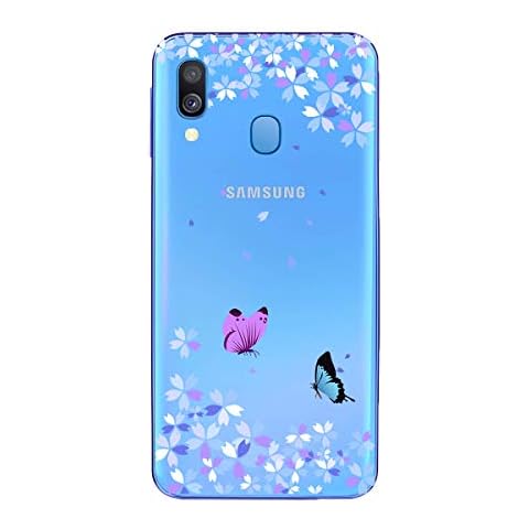 HopMore Case Cover for Samsung Galaxy A40 Silicone Clear with Pretty Design Shockproof Case Protective Cover Transparent Thin Gel Slim Bumper for Girls Woman - Flower Butterfly Cover