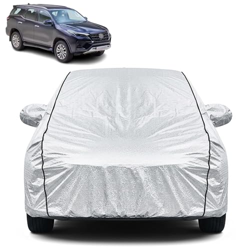 Image of Waterproof Car Cover for Toyota Fortuner | Dustproof, UV Resistant & Scratch Protection | Soft Cotton Lining | Triple Stitched | Mirror Pockets & Elastic Fit | Silver