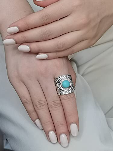 Dtja Vintage Boho Turquoise Wide Statement Ring for Women Girls Oxidized Silver Plated Big Open Band Wrap Adjustable Expandable Finger Rings Comfort Fit Fashion Bohemian Ethnic Exaggerated Jewelry2