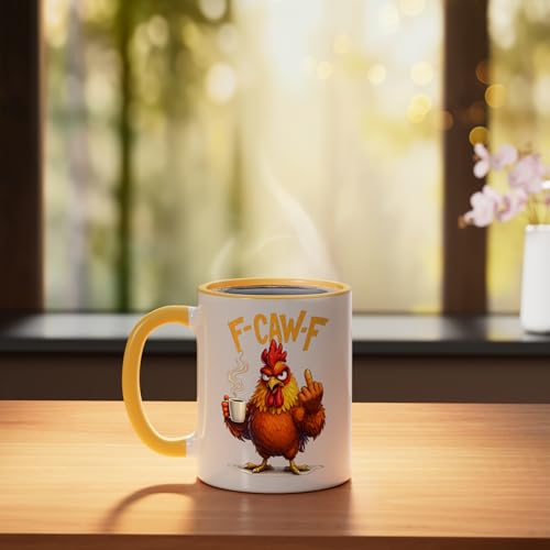 Taza de cerámica F-Caw-F graciosa, 11 onzas, Amarillo/Blanco miniatura 3