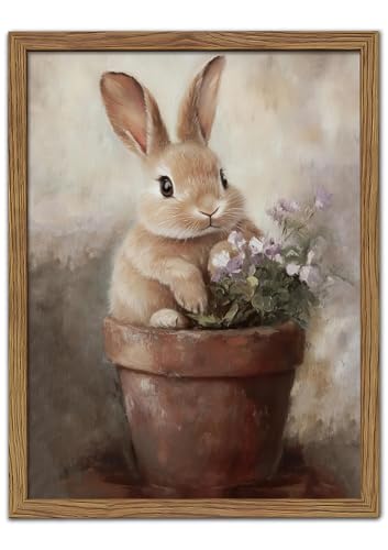 Image of AKWISH Vintage Easter Wall Art Poster, Cute Rabbit in Flower Pot Picture Prints, Cottage Farmhouse Bunny Canvas Artwork, Holiday Wall Decor for Kids Room Girls Bedroom Living Room 8x10 inch Unframed
