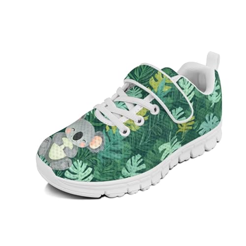 Boys Girls Sneakers Kids Lightweight Breathable Strap Athletic Running Shoes for Little Kid/Big Kid Koala Tropical Leaf Pattern（White Sole）
